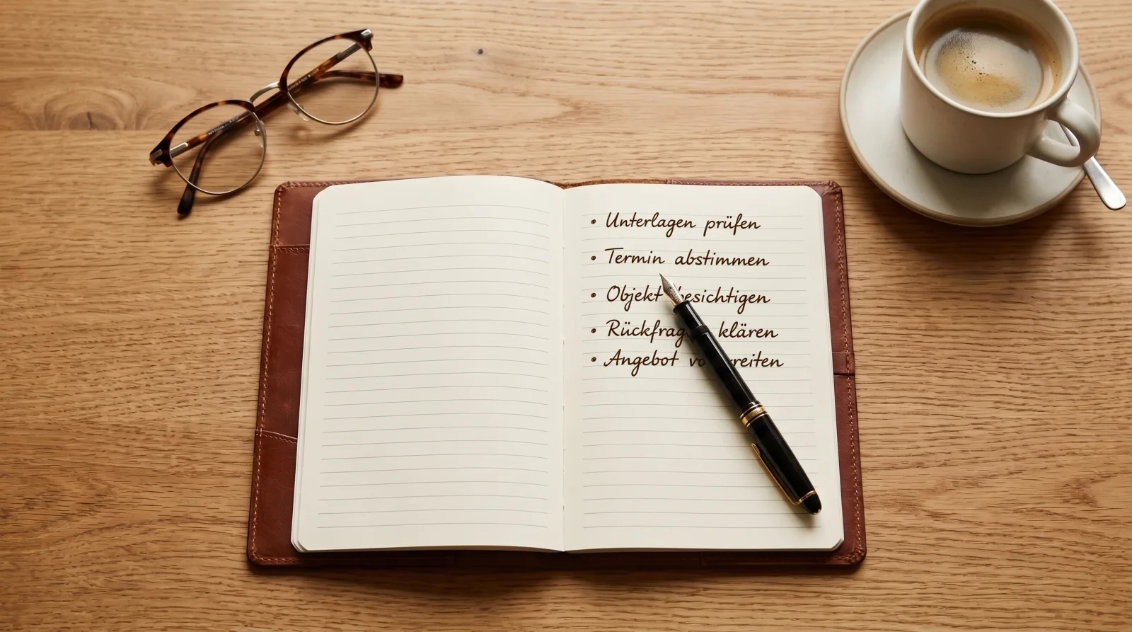 Notizbuch mit handschriftlichen Stichpunkten zur Gewerbevermietung