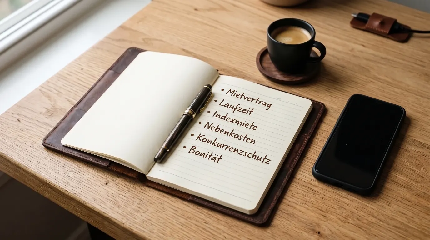 Notizbuch mit handschriftlichen Stichpunkten zur Gewerbevermietung